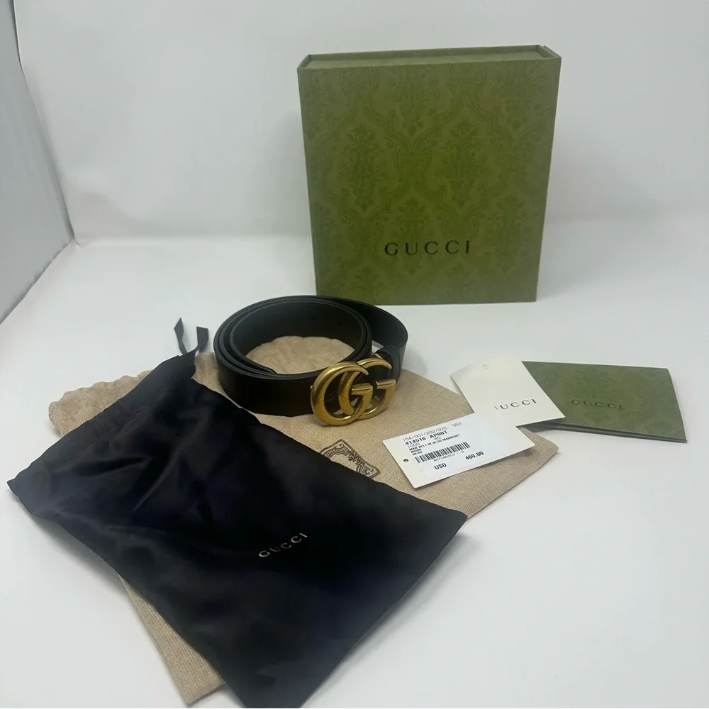 Gucci Unisex Black Belt with Gold GG Marmont Buckle